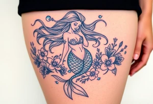 ethereal mermaid with flowing hair among coral and sea flowers tattoo idea