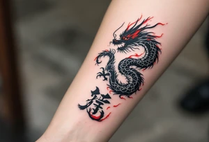 龙 (lóng, “dragon”) in crimson red paired with flames represents power, protection, and transformation. tattoo idea