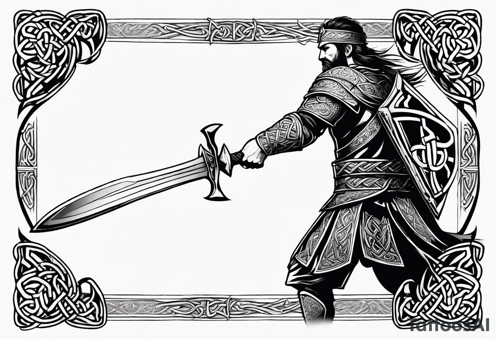 Full body side profile of
Celtic warrior with short hair, a sword in one hand and an axe in the other. tattoo idea