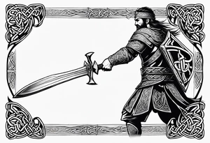 Full body side profile of
Celtic warrior with short hair, a sword in one hand and an axe in the other. tattoo idea