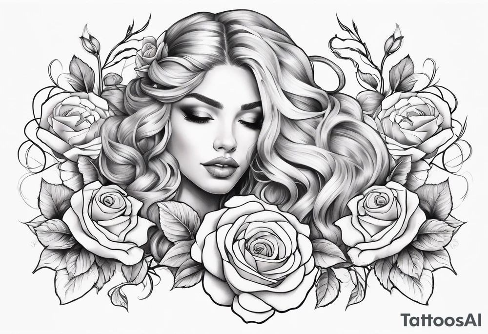 Long blonde curls with roses intertwined tattoo idea