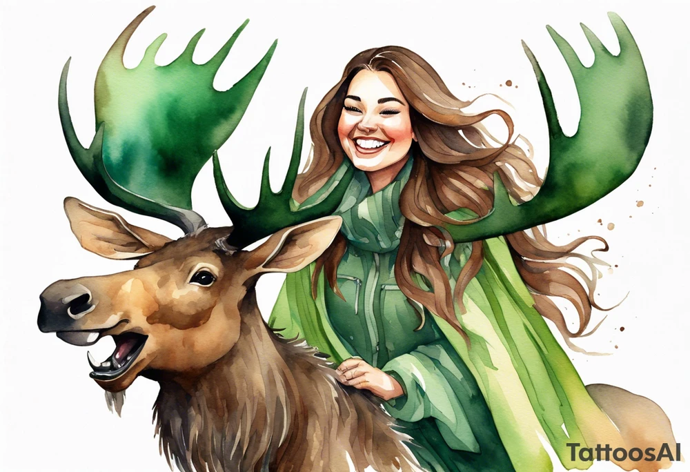 a watercolor of a curvy woman with long brown hair and light brown skin and green eyes wearing a fur cloak laughing riding a moose tattoo idea