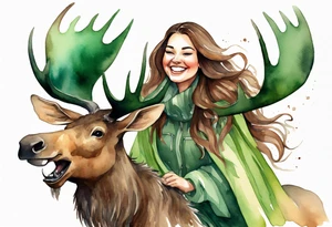a watercolor of a curvy woman with long brown hair and light brown skin and green eyes wearing a fur cloak laughing riding a moose tattoo idea