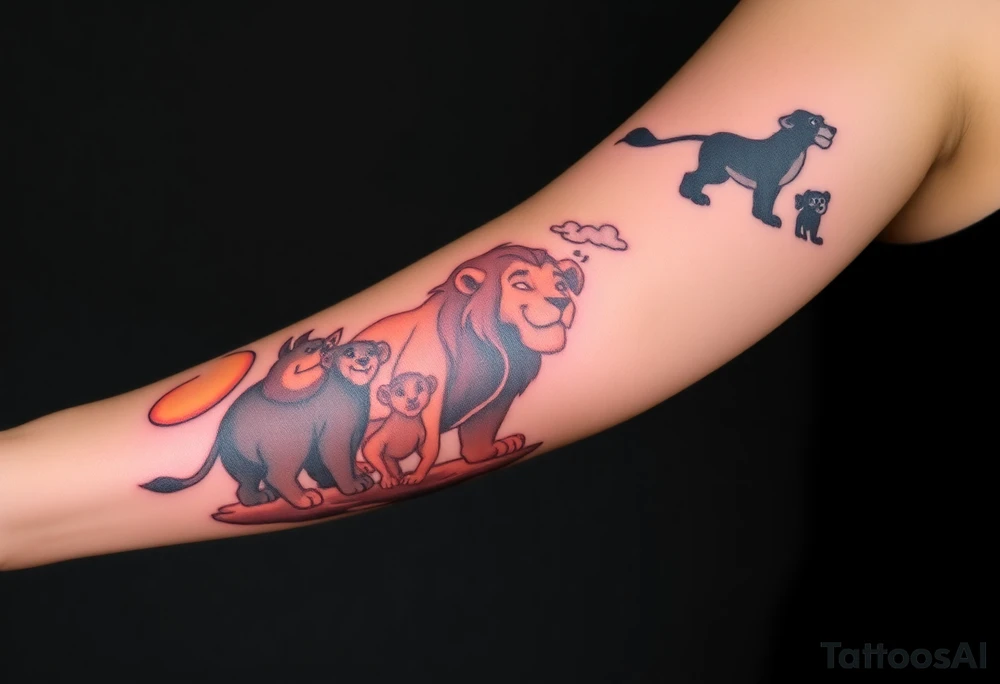 Sleeve tatoo; 
Top of the Shoulder (Crown Area):
* Mufasa in the clouds, majestic and wise, watching over everything below. Use soft shading and glowing edges to symbolize his spiritual presence.
Upper Arm (Bicep):
* Rafiki holding baby Simba up on Pride Rock. This can be the emotional centerpiece. Include sun rays breaking through clouds to give it a divine feel.
Mid Arm (Outer Bicep/Tricep):
* Scar lurking in the shadows with the three hyenas (Shenzi, Banzai, and Ed) around him, showing contrast between good and evil.
* Let the shading here be darker and more dramatic.
Inner Arm (Bicep):
* Timon and Pumbaa dancing or lounging, maybe with a small “Hakuna Matata” banner swirling above them. Their playfulness adds lightness and humor.
Forearm (Outer):
* Adult Simba and Nala side by side, looking into the distance, symbolizing growth, strength, and love.
* Behind them, a silhouette of the jungle or Pride Rock at sunset.
Forearm (Inner):
* Zazu flying mid-flight, trailing a scroll or message banner, maybe with a meaningful quote from the movie like: "Remember who you are."
Wrist/Wrap Around:
* Pawprints going around your wrist, fading out like Simba’s journey.
* Maybe a small Rafiki-drawn version of Simba’s symbol from the cave. tattoo idea