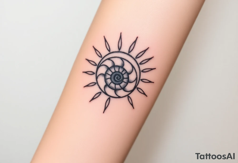 Fibonacci spiral shell inside of painted sun tattoo idea