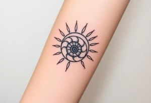 Fibonacci spiral shell inside of painted sun tattoo idea