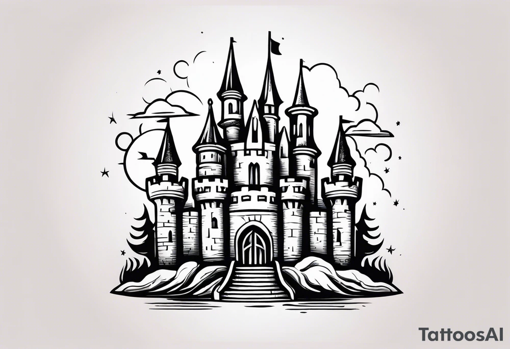 castle vintage tattoo style old school traditional bold color tattoo idea
