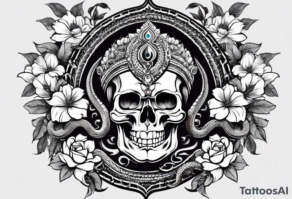 5. A combination of skulls and flowers on the upper arm, with Mahadev's face on the forearm, and a serpent or snake (representing rebirth) wrapping around the arm. shree lord shankar in between, and upper side skull with snakes tattoo idea
