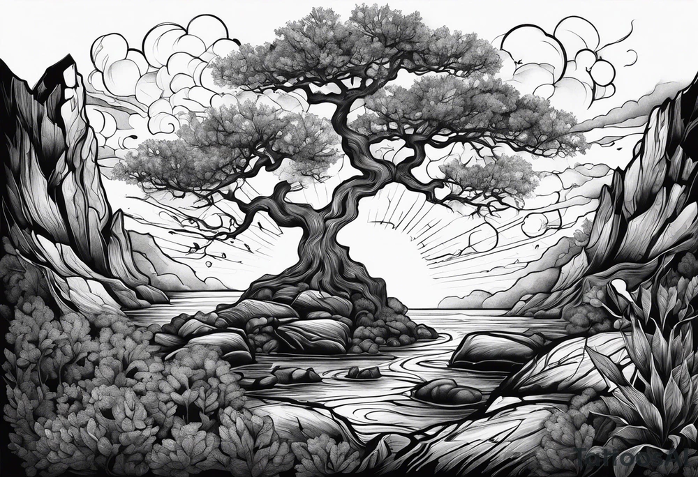 A tree or plant sprouting from a broken rock. tattoo idea