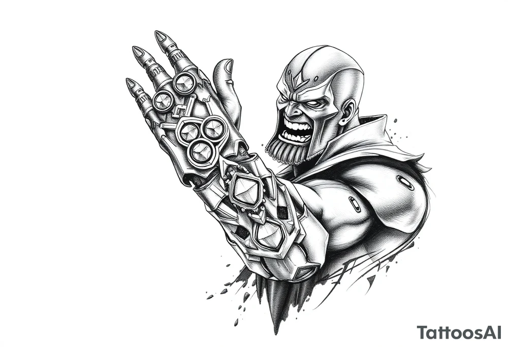 thanos with infinity gaulet filled with infinity stones fighting avengers tattoo idea