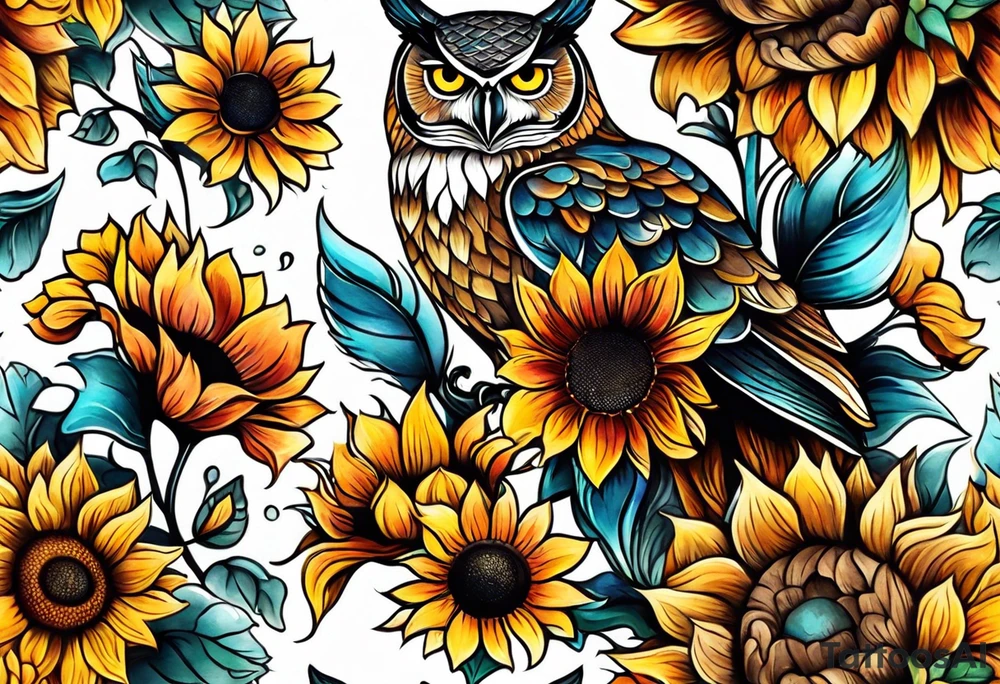 Leg sleeve with colorful sunflowers and an owl tattoo idea