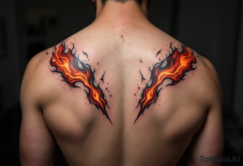 Matching red and orange flame tattoos on one partners shoulder and on second partner shoulder tattoo idea