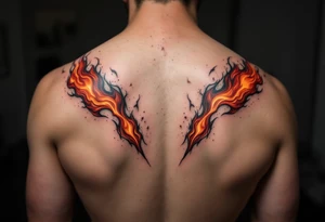 Matching red and orange flame tattoos on one partners shoulder and on second partner shoulder tattoo idea