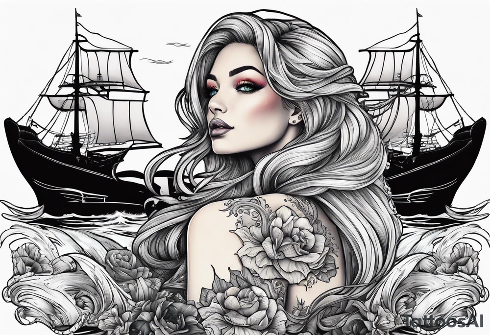 mermaid with galleon ship tattoo idea