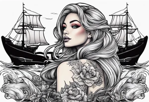 mermaid with galleon ship tattoo idea