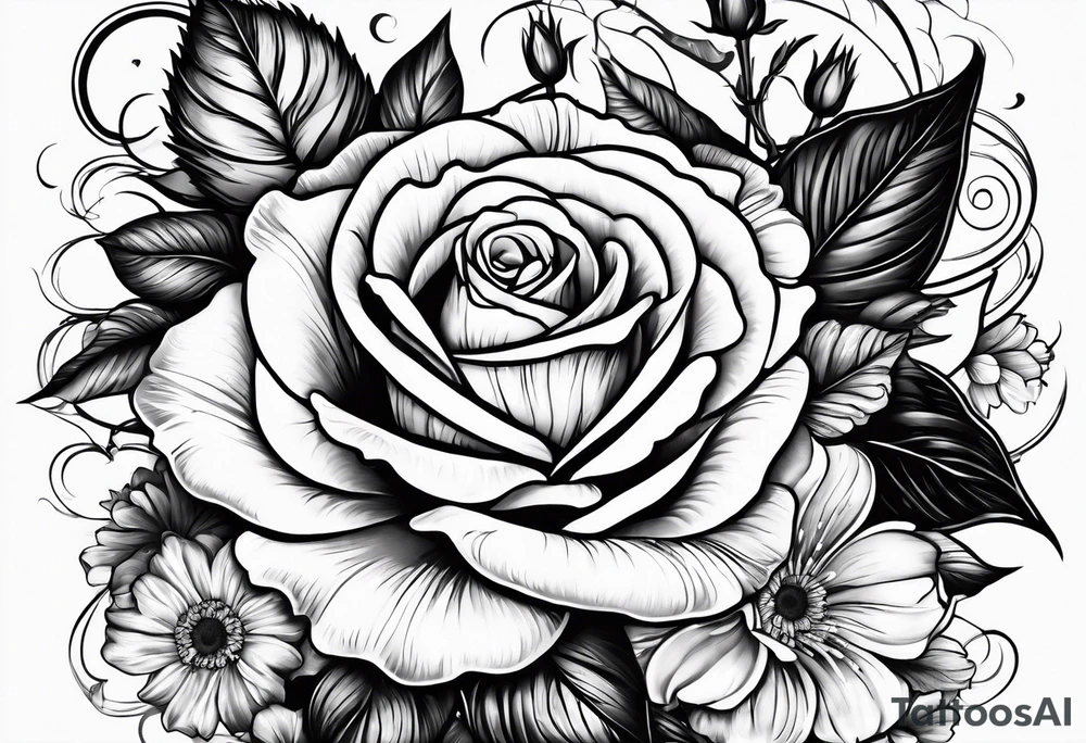 wrap around with roses, larkspur, carnation, and daisy tattoo idea