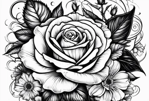 wrap around with roses, larkspur, carnation, and daisy tattoo idea