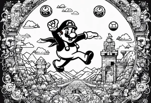 pixel art representations of Mario jumping, a Pokeball opening, the Triforce, the Vault Boy giving a thumbs up arranged in a dynamic composition tattoo idea