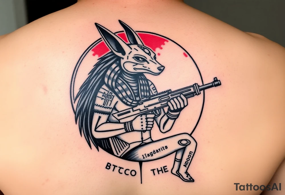 "Anubis in a ufo, holding a tommy gun. His jackal head is half-cyborg (exposed circuits). Hieroglyph background spells 'BTC TO THE MOON'.  

Style: Art Deco meets cyber-Egyptian. Black/red/gold ink. Forearm sleeve." tattoo idea