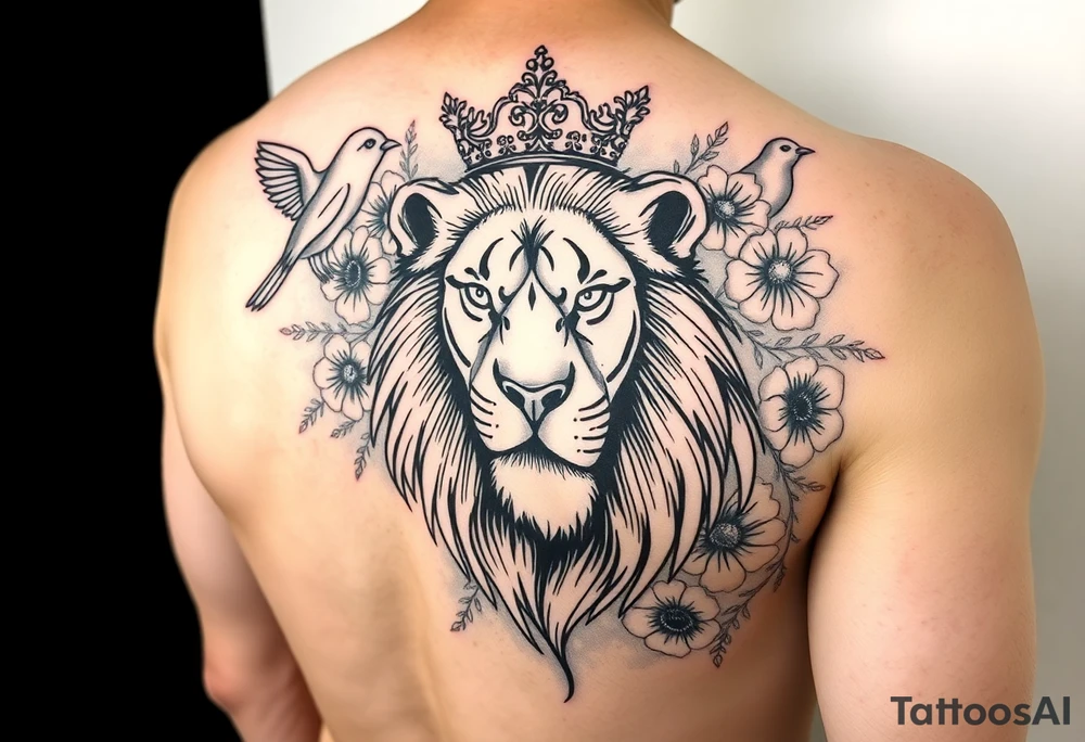 powerful majestic lion with a crown, surrounded by floral ornaments and birds tattoo idea