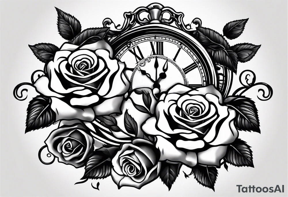 roses with broken chains and a clock in the middle tattoo idea