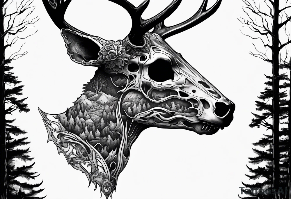 A SCARY side view of a decayed deer skull NO SKIN JUST BONE surrounded by a forest fire in background tattoo idea