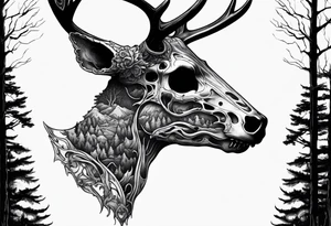 A SCARY side view of a decayed deer skull NO SKIN JUST BONE surrounded by a forest fire in background tattoo idea