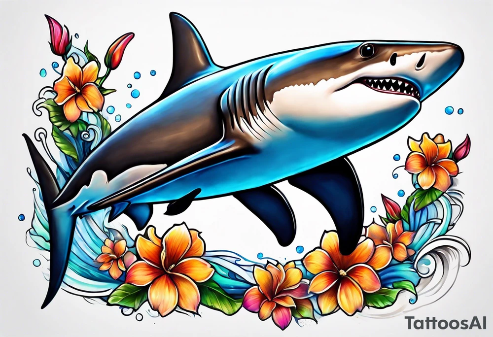Hammerhead shark  with flowers tattoo idea