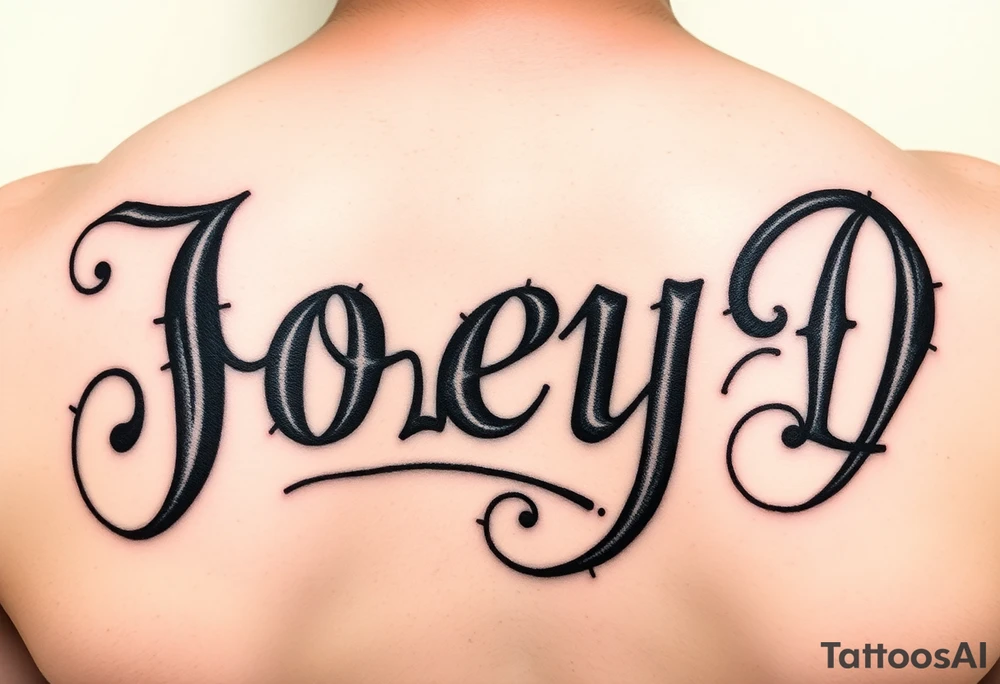 The words Joey D written with a large scale fancy J at the start tattoo idea