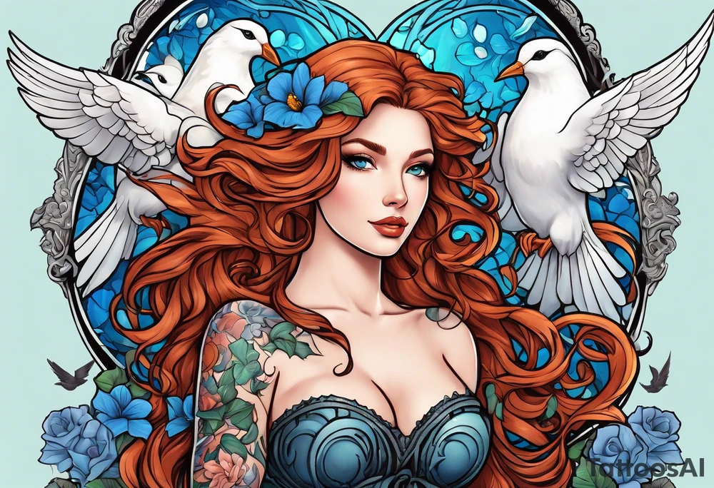 Black colored Aphrodite with auburn hair and ocean-blue eyes surrounded with doves and poison ivy sitting on a heart tattoo idea