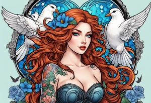Black colored Aphrodite with auburn hair and ocean-blue eyes surrounded with doves and poison ivy sitting on a heart tattoo idea