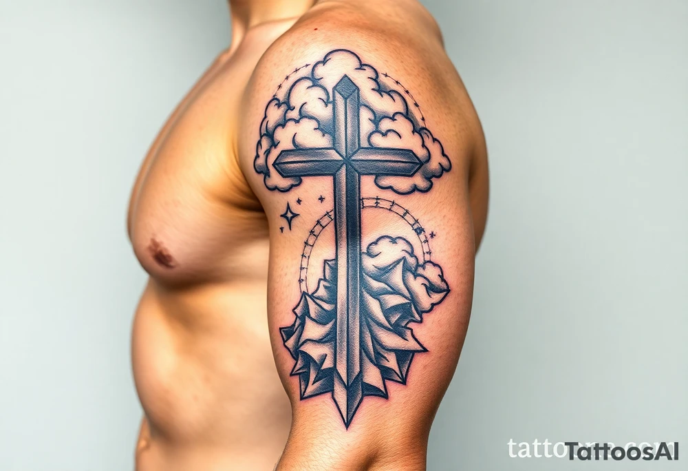 cast all your anxiety on him because he cares for you" with a cross and clouds over it tattoo idea
