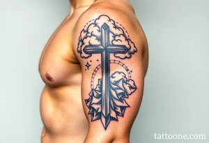 cast all your anxiety on him because he cares for you" with a cross and clouds over it tattoo idea