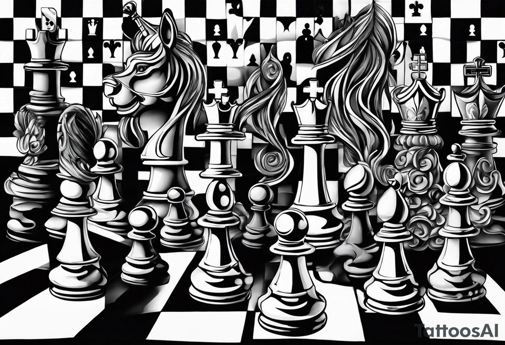 narrow rectangle strip made of chess queens and pawns holding hands tattoo idea