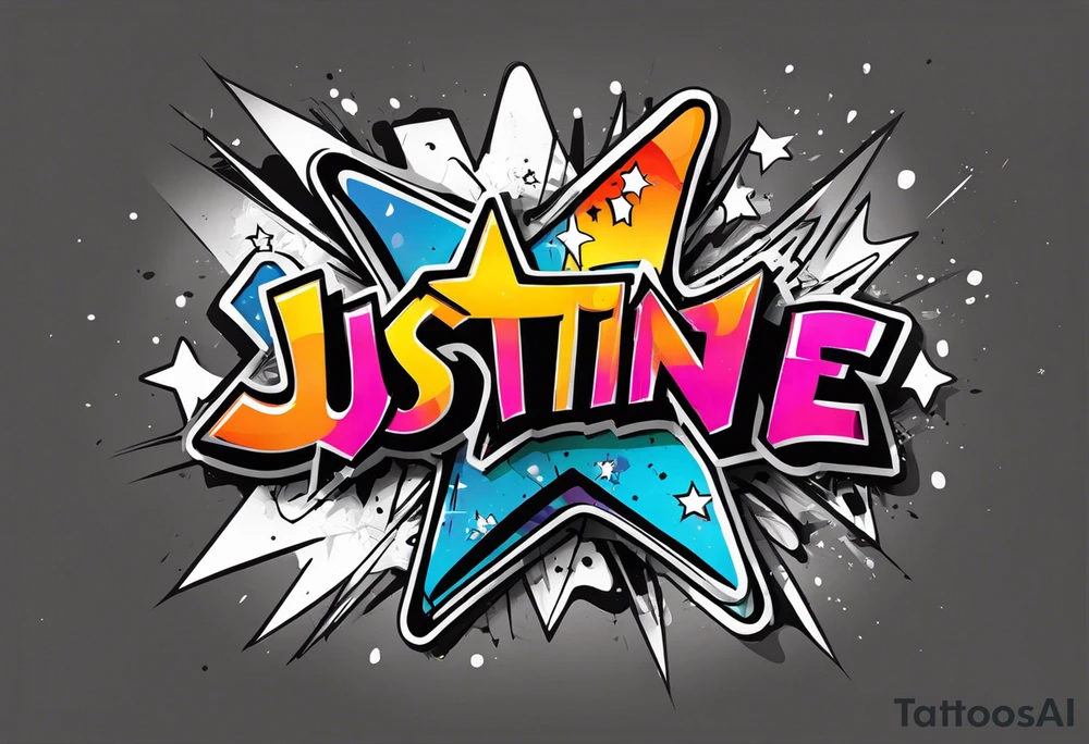 Graffiti style name in Justine in a star tattoo idea
