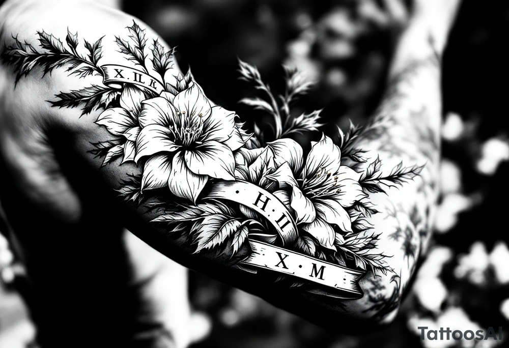 narcissus flowers and holly with 2 bands with roman numerals around them tattoo idea