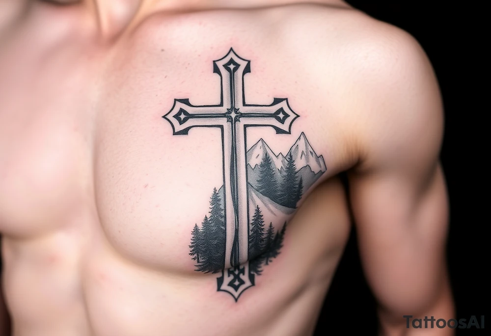 russian christian orthodox cross which is relatively small, with the diagonal line at the bottom with a light forrest with a light mountainous setting tattoo idea