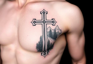 russian christian orthodox cross which is relatively small, with the diagonal line at the bottom with a light forrest with a light mountainous setting tattoo idea