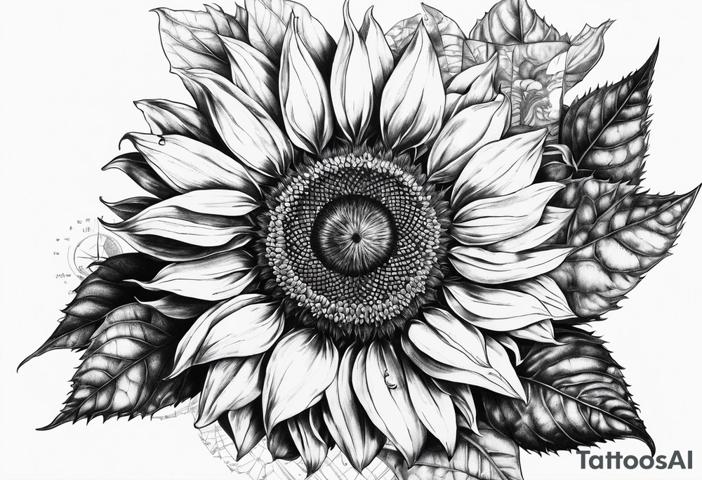 Sunflower next to a compass tattoo idea