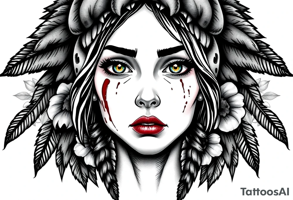 Young Symmetrical Beautiful Woman, looking forward, with colored eyes, shedding a tear, with battle scars and blood on face, with soft look, wearing a mean looking bear headdress on head, with flower background tattoo idea