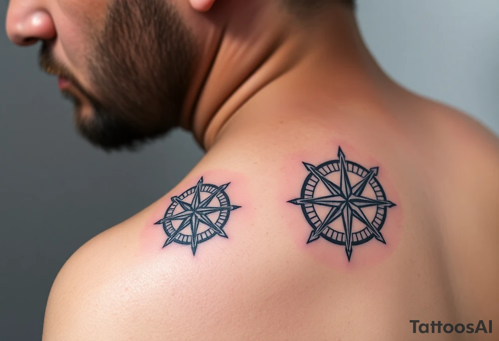 Father and child have identical black and grey compass tattoos symbolizing guidance through life’s journey. tattoo idea