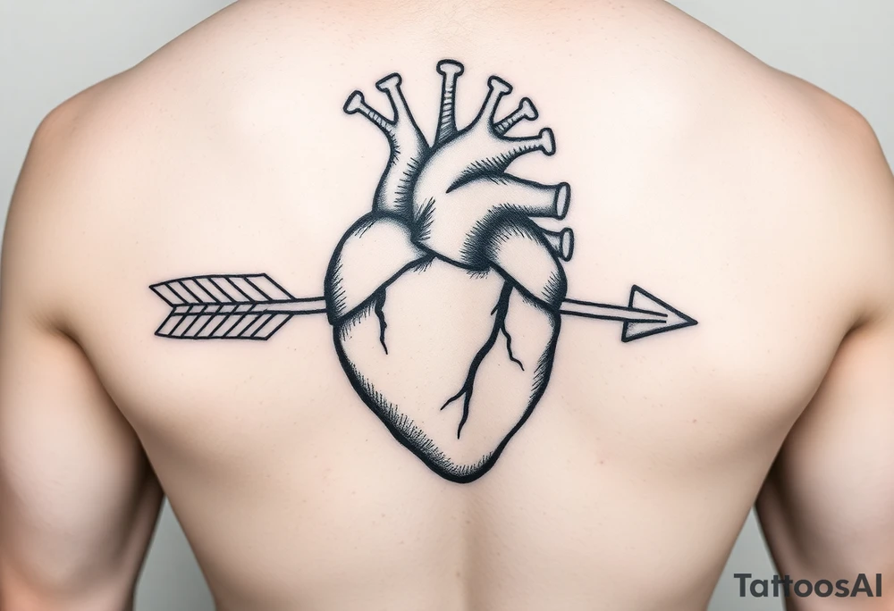 anatomical heart pierced by ornate arrow with representation of surviving addiction tattoo idea