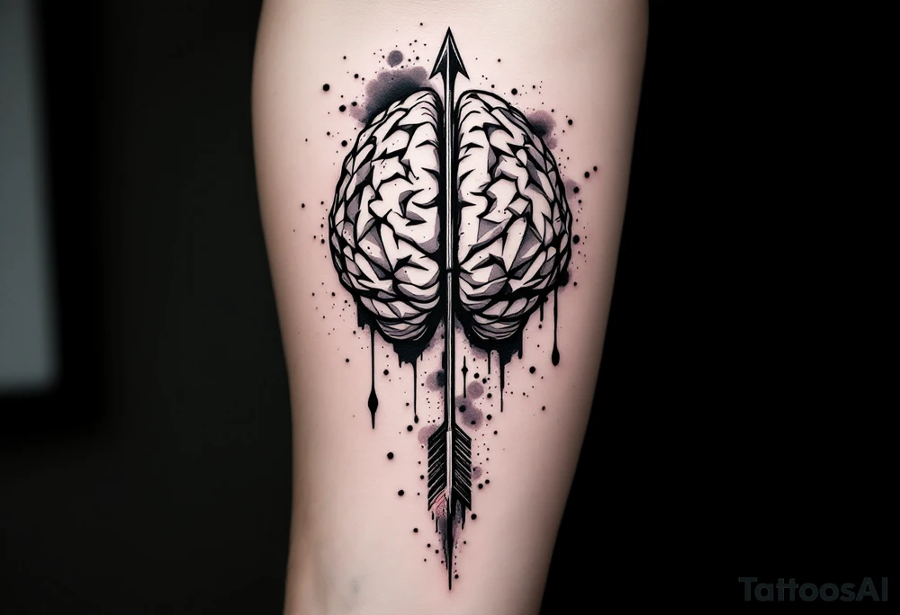 A geometric, vertical, front-seen brain. A detailed arrow crosses from below and exit from the top, with its tip desintegrating to represent entropy and watercolor stains spilled from the arrow. tattoo idea