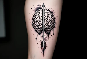 A geometric, vertical, front-seen brain. A detailed arrow crosses from below and exit from the top, with its tip desintegrating to represent entropy and watercolor stains spilled from the arrow. tattoo idea