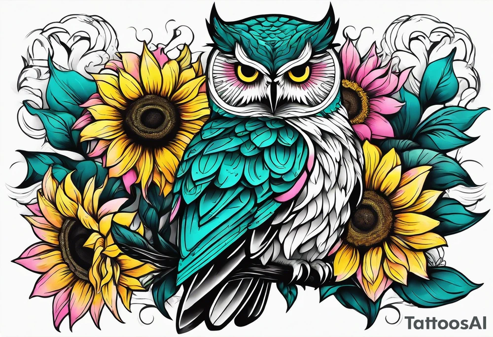 Sleeve with teal, pink and yellow owl and yellow sunflowers tattoo idea