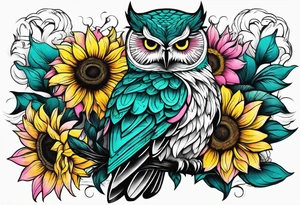 Sleeve with teal, pink and yellow owl and yellow sunflowers tattoo idea
