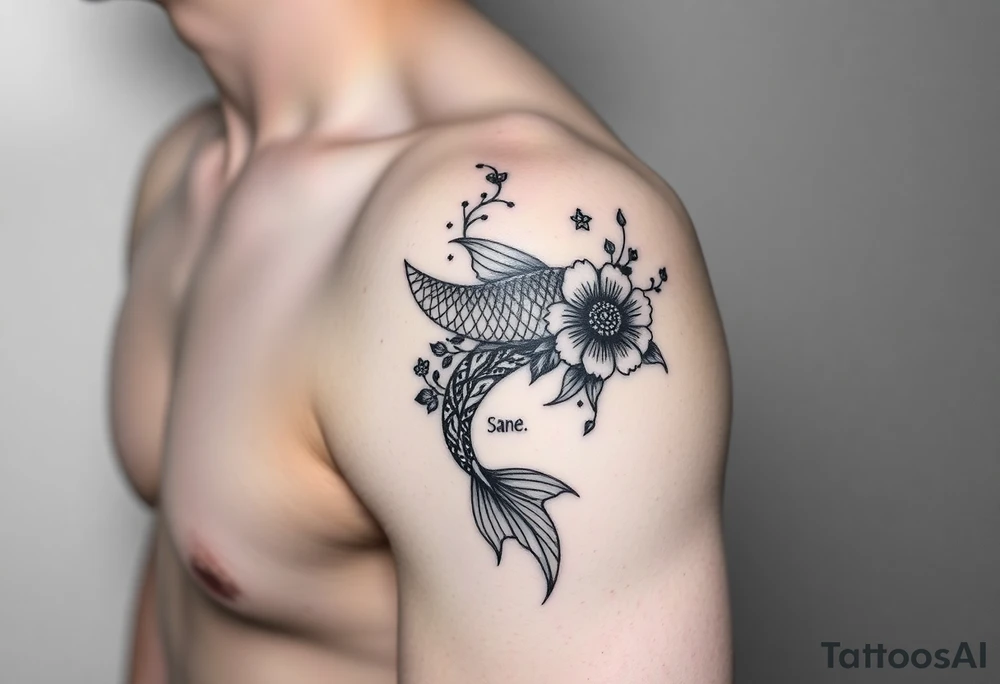 I want the tattoo starting at my collar bone, and I want it to go down my arm, but doesn’t go past my elbow. I want my middle name, Sané” on my collarbone area and I want the red and black koi fish too on my shoulder area. And I want flowers that represent healing, happiness, and peace and purity. tattoo idea