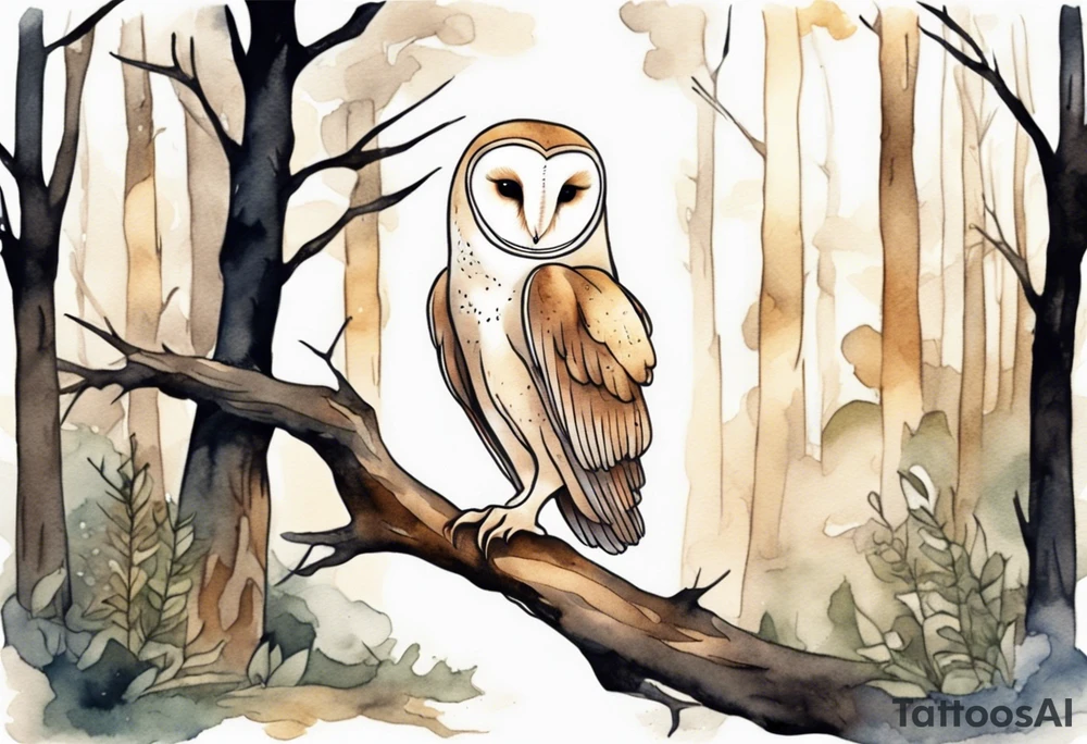 a barn owl with very long legs walking on a forest path at night tattoo idea