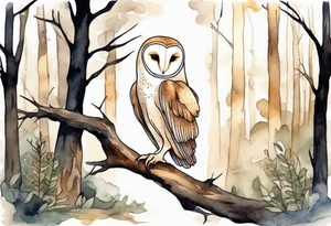 a barn owl with very long legs walking on a forest path at night tattoo idea
