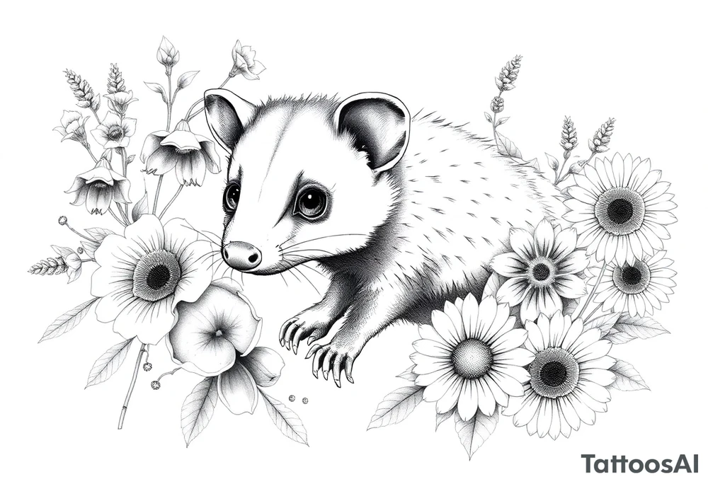 Sweet Virginia opossum with doe eyes surrounded by hellebores, lantana, foxglove and sunflowers with shading tattoo idea